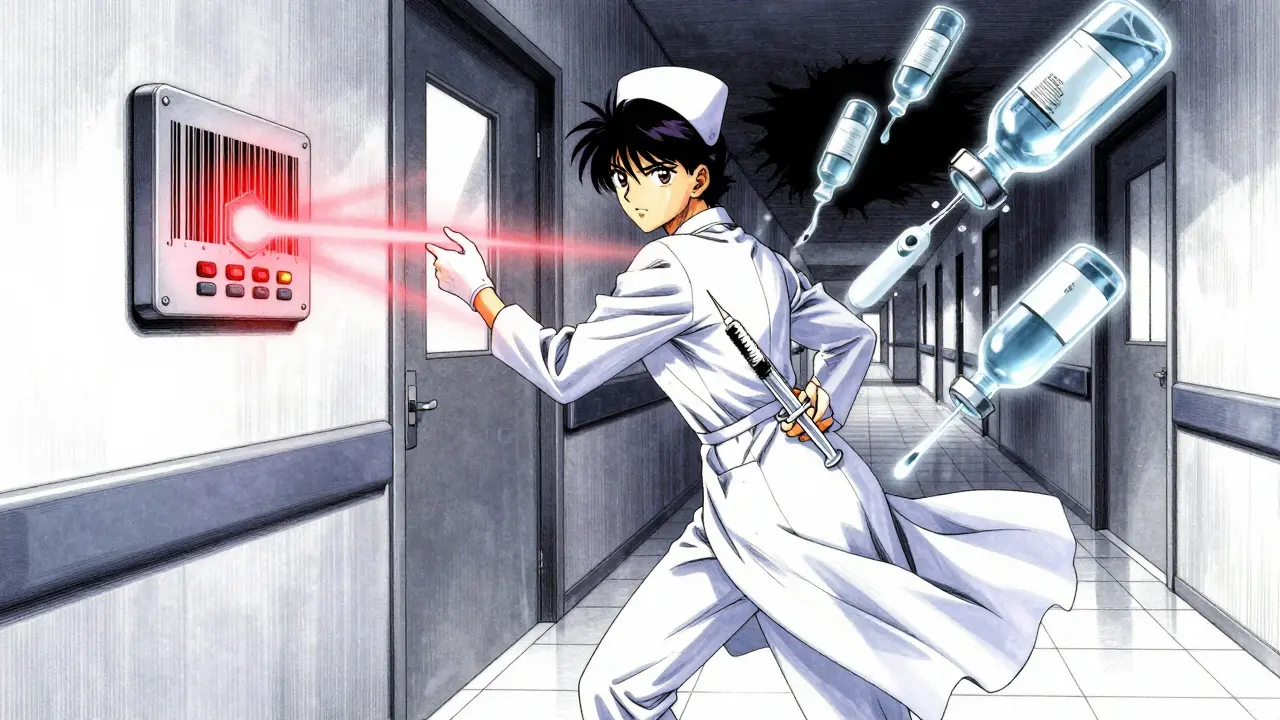 A nurse hides a syringe while a barcode scanner detects a drug discrepancy in a surreal hospital corridor.