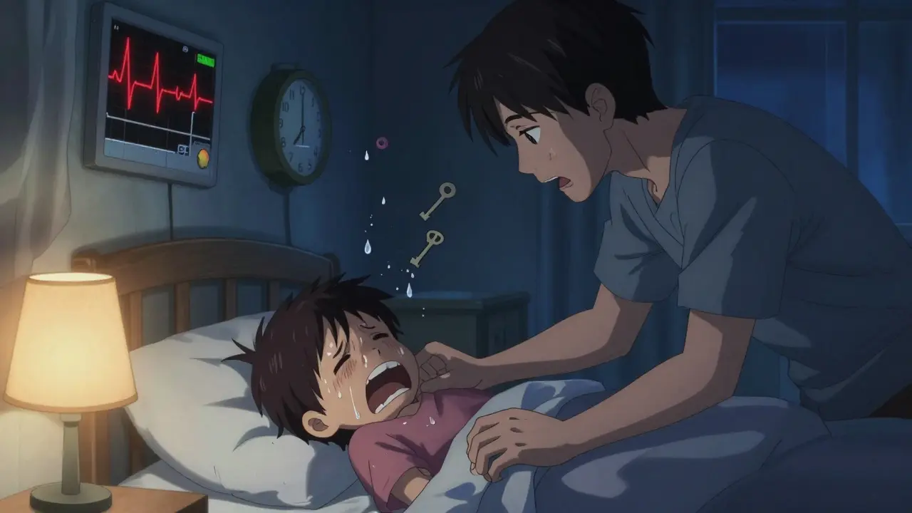 A parent calmly guides a screaming child back to bed during a night terror, heart monitor glowing nearby.