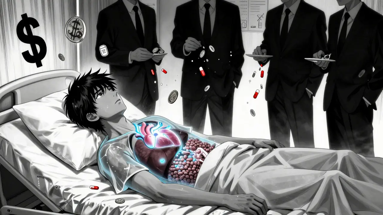 A patient in a hospital bed with translucent body revealing glowing organs, shadowy figures counting coins that turn into pills.