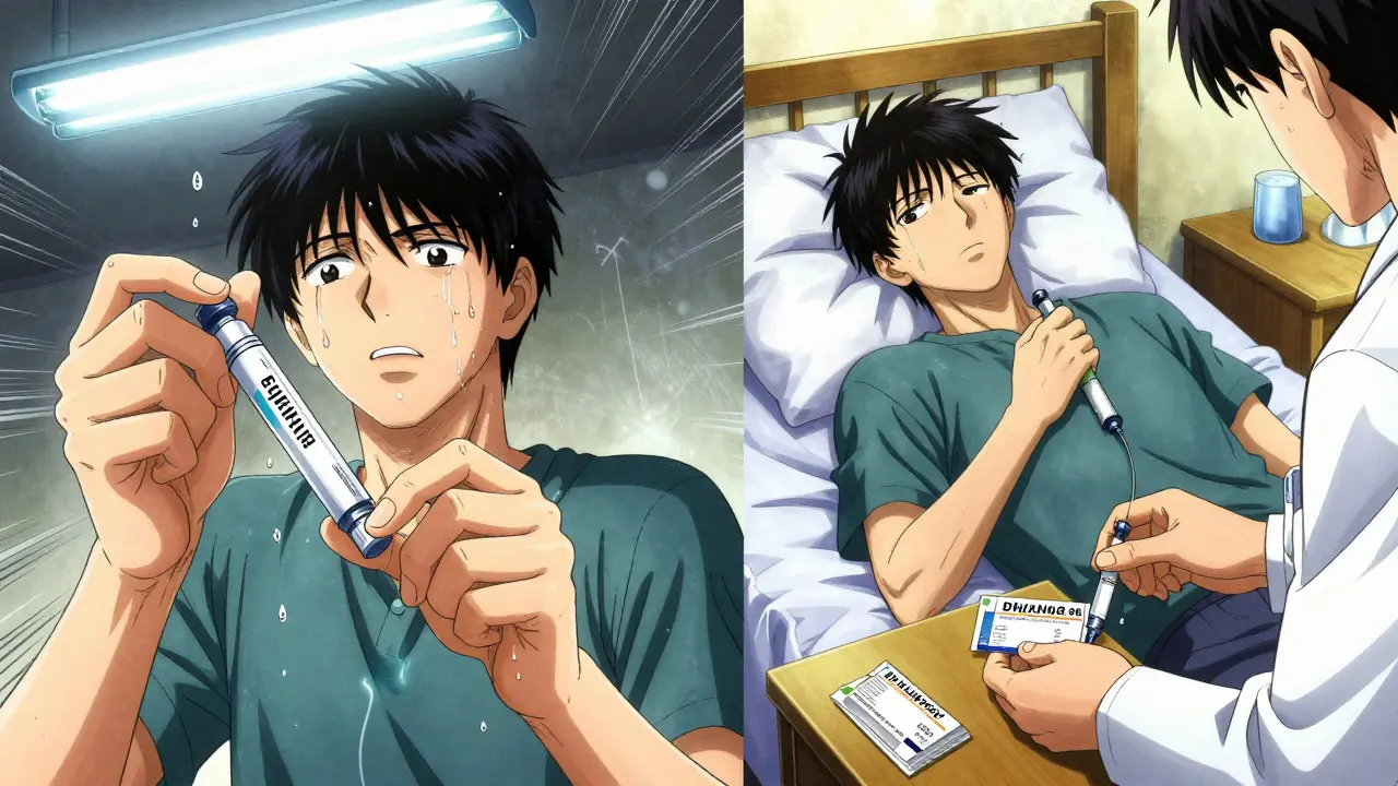 A person hesitating with an expired EpiPen, then safely using a new one in a sunlit room.