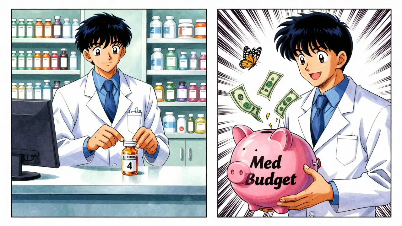 A person smiling beside a savings jar as a generic pill bottle is handed over at a pharmacy.