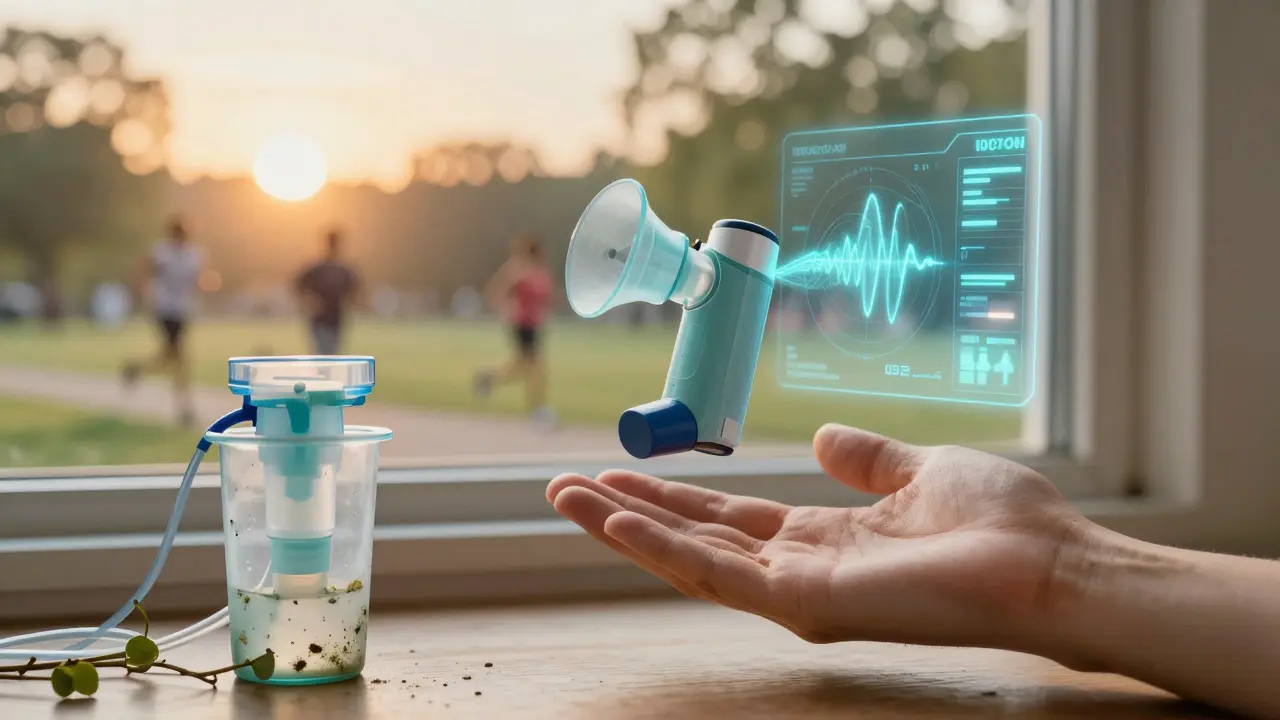 A smart inhaler projecting health data beside a decaying nebulizer, symbolizing modern asthma care.