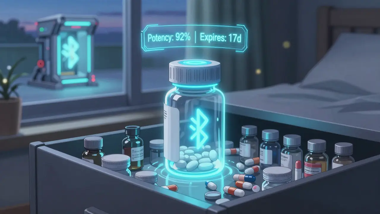 A smart pill bottle with holographic potency timer stored in a cool, dry bedroom drawer.