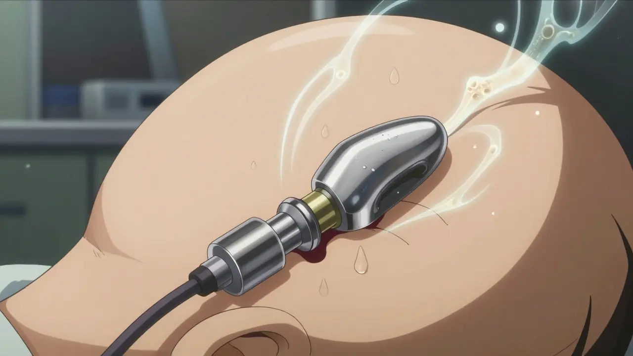 A titanium bone implant with a sound processor snaps into place, glowing energy lines illustrating sound transmission through bone.