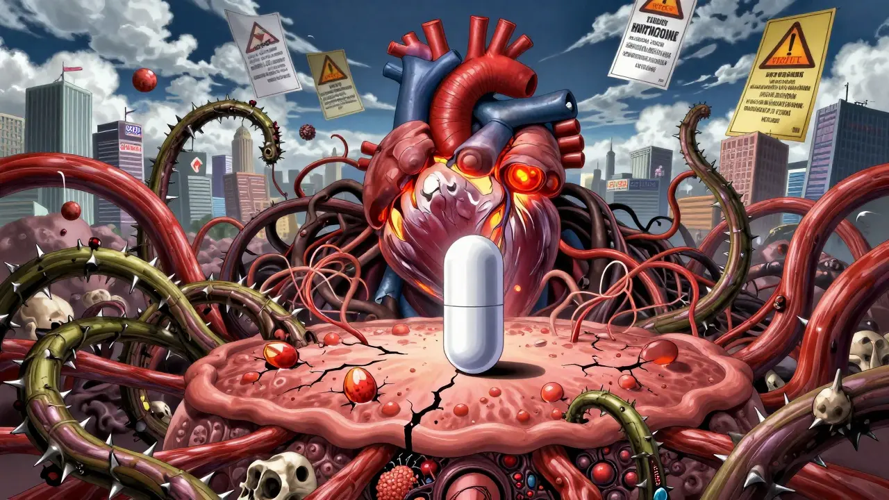 Battle inside body: thyroid pill vs. armored ashwagandha vines destroying hormone balance.