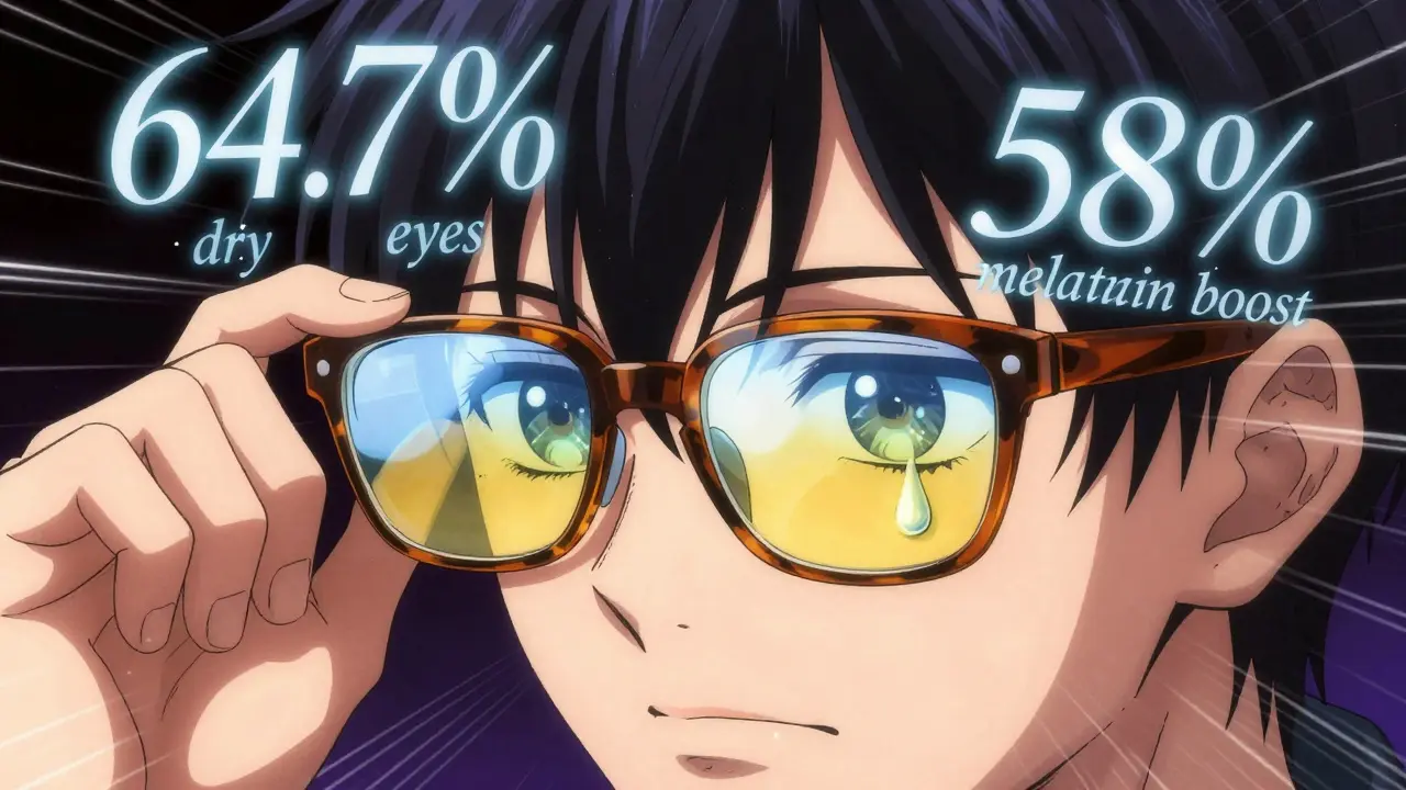 Contrasting hands—one holding blue light glasses with yellow-tinted screen, the other applying eye drops.