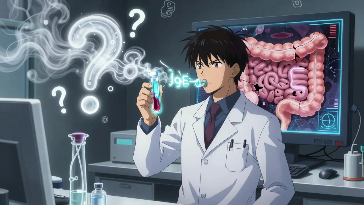 Doctor holding blood vial with glowing antibodies beside a hydrogen breath test tube