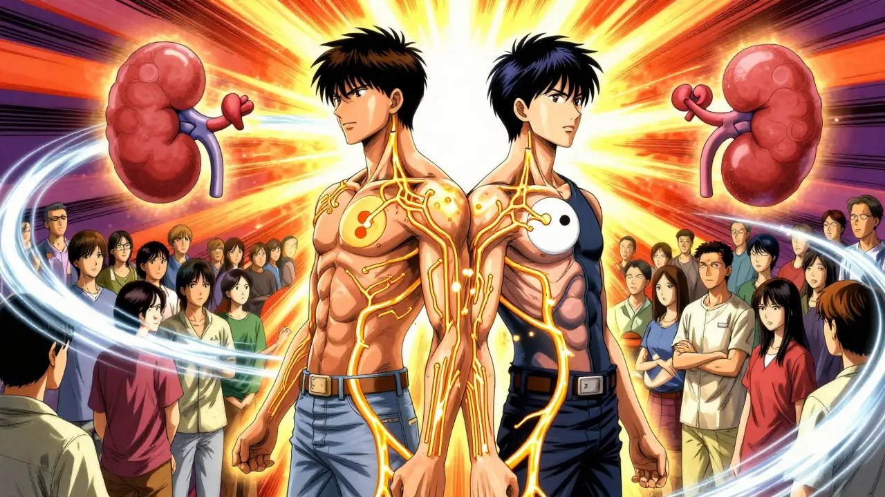 Donor and recipient connected by glowing veins under a radiant sunburst.