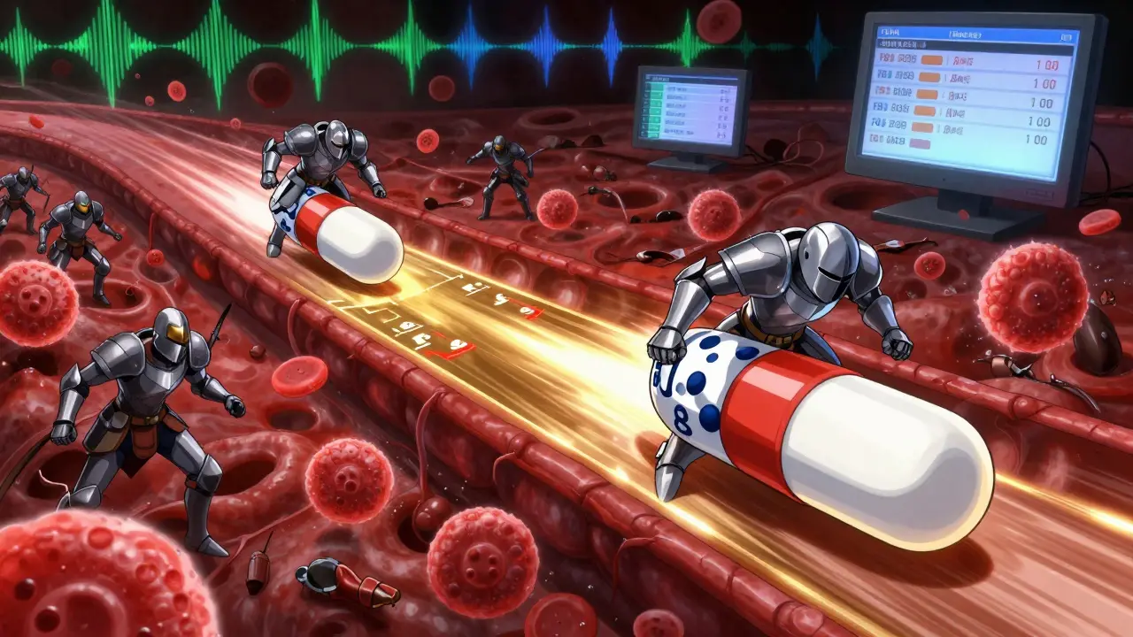 Drug molecules racing through bloodstream like knights in a surreal anime battle scene.