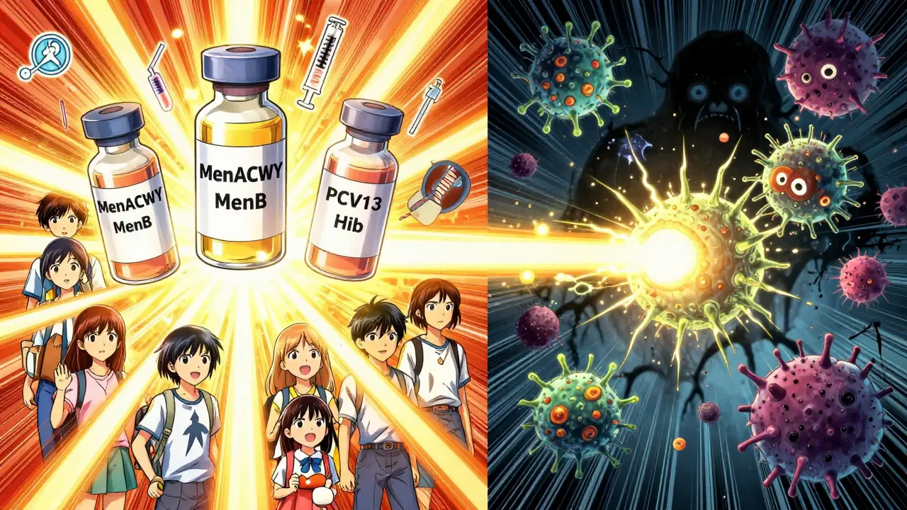 Four glowing vaccine vials emitting protective light beams, destroying shadowy bacteria in a dynamic anime scene.