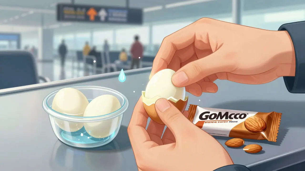 Hands unpacking healthy airport snacks: hard-boiled eggs, almond butter, and almonds in a clean, glowing arrangement.