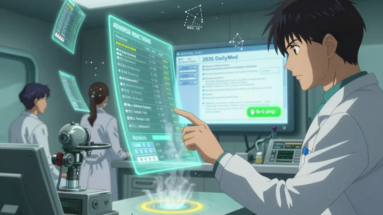 Healthcare team monitoring holographic drug labels with real-time safety data in a futuristic room.