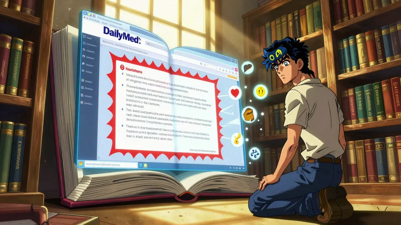 Patient interacting with a digital bookshelf that reveals a pulsing FDA boxed warning.