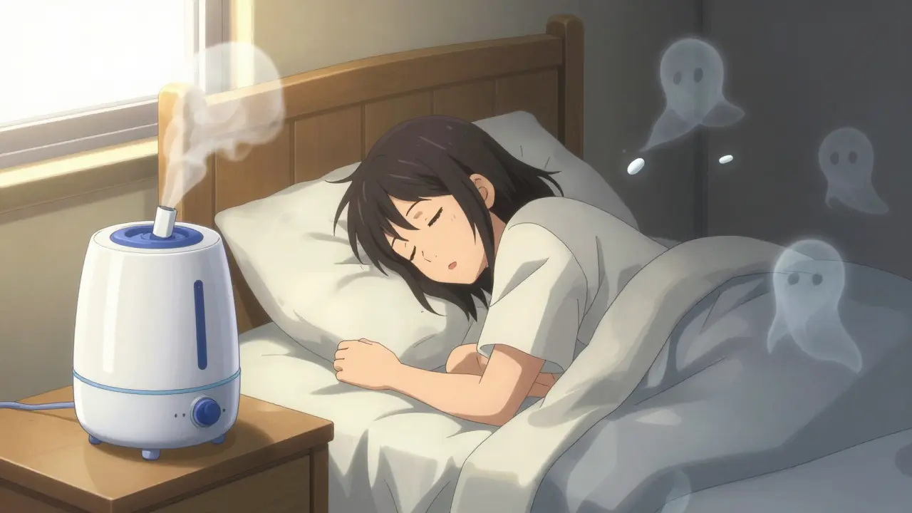 Patient sleeping peacefully beside humidifier and saline spray, decongestant pills dissolving into ash in the corner.