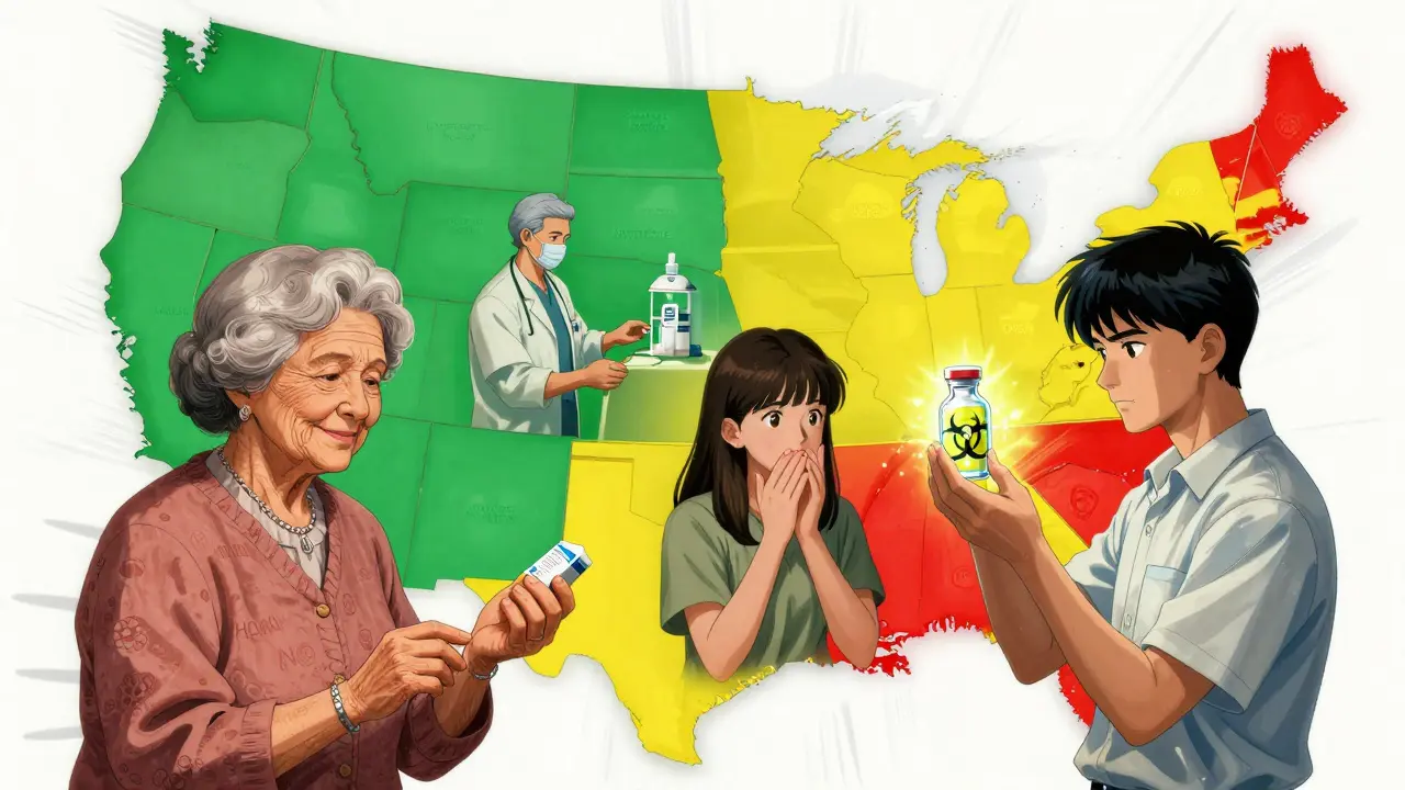 Patients across U.S. states receiving different drug substitution outcomes, state borders glowing with colored auras.