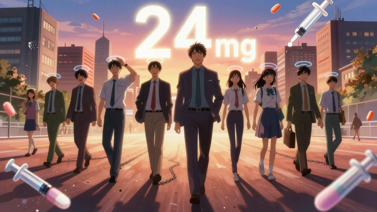 People walking confidently through a city with buprenorphine halos, crumbling opioids around them.