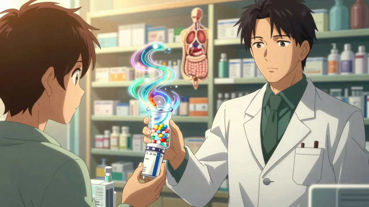 Pharmacist handing a generic prescription to a patient, invisible excipients swirling like neon dust.