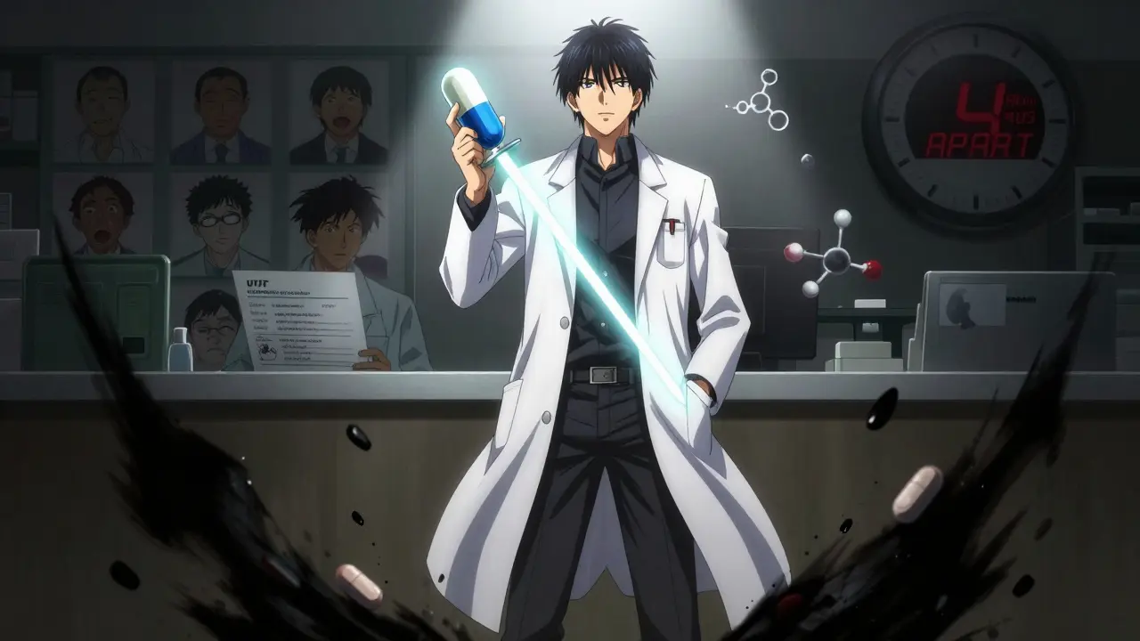 Pharmacist hero defeating antacid tablets with omeprazole capsule, patients relieved in background.