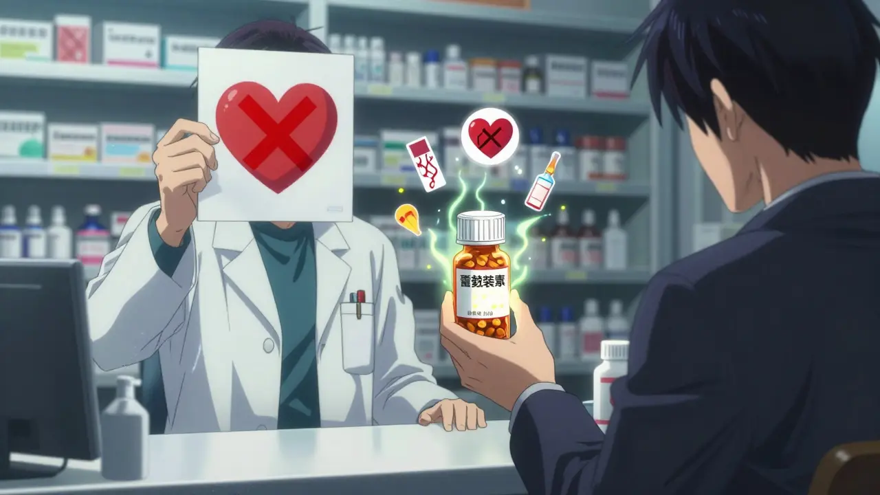 Pharmacist warning customer away from a glowing cold medicine bottle with hidden decongestant ingredients.