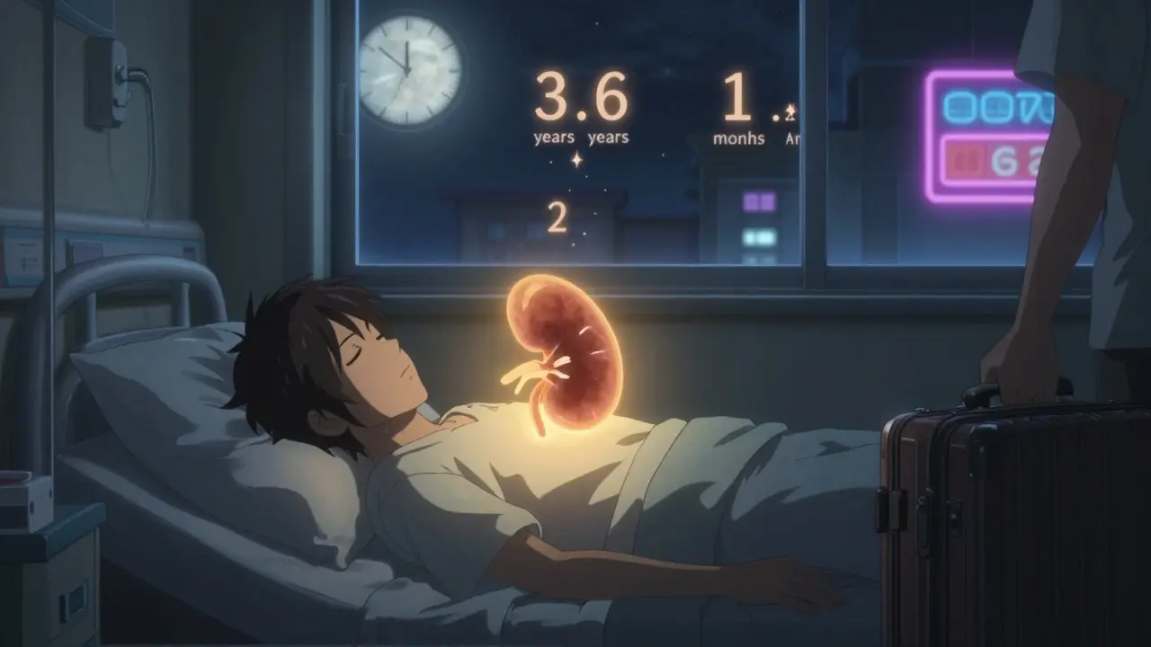 Sleeping patient with glowing kidney above them, clock numbers fading to stars.
