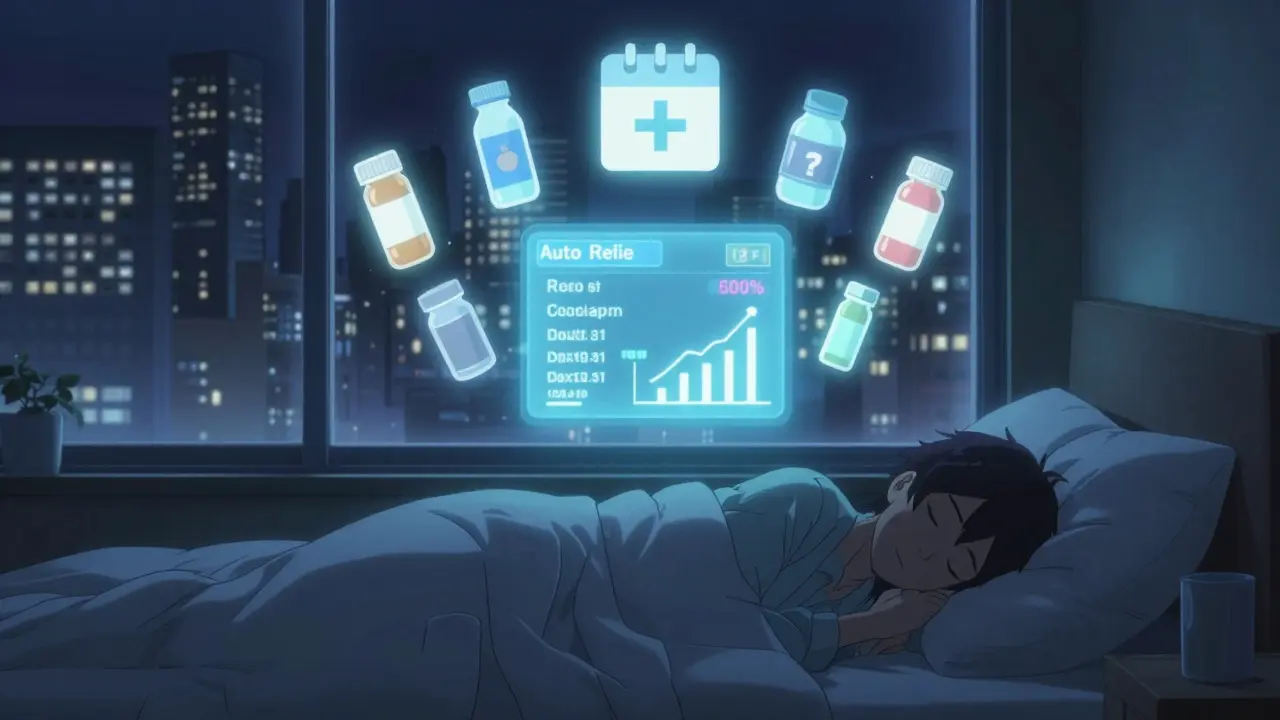 Sleeping person guarded by glowing medication icons and calendar alerts in a night scene.
