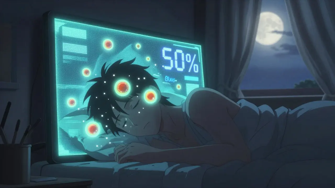 Sleeping person surrounded by glowing nutrients as a smart screen adjusts color temperature at night.