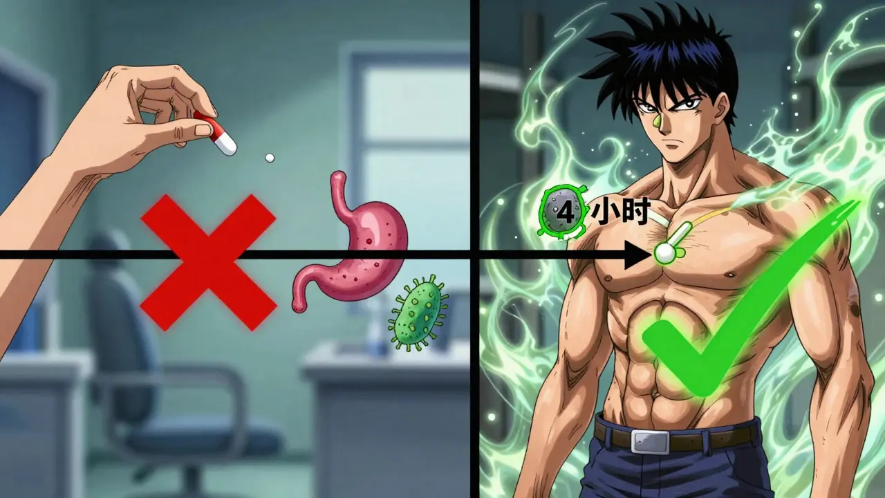 Split-panel medical scene showing wrong vs correct timing of antibiotic and antacid doses with energy waves.