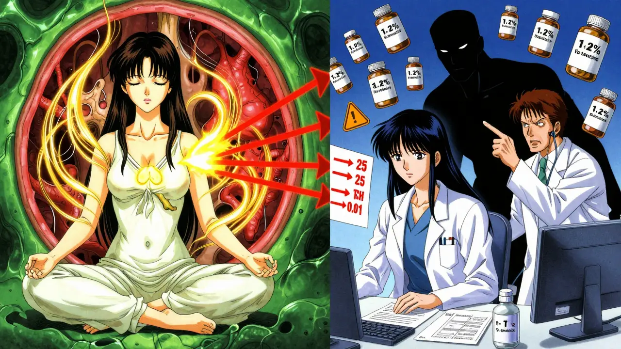 Split scene: ashwagandha boosting thyroid vs. blood test results exploding with warning levels.