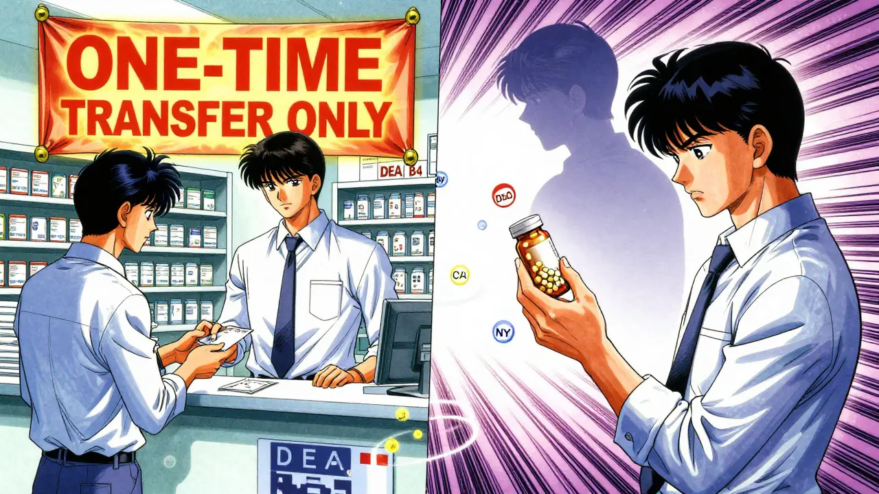 Split scene: one-time transfer banner and ghostly old pharmacy fading, manga-style lighting