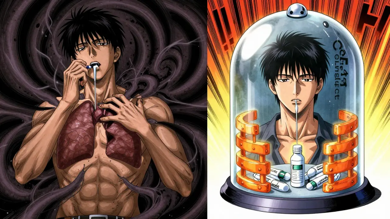 Split scene: overdose chaos vs. steady breathing under a protective ceiling effect barrier.