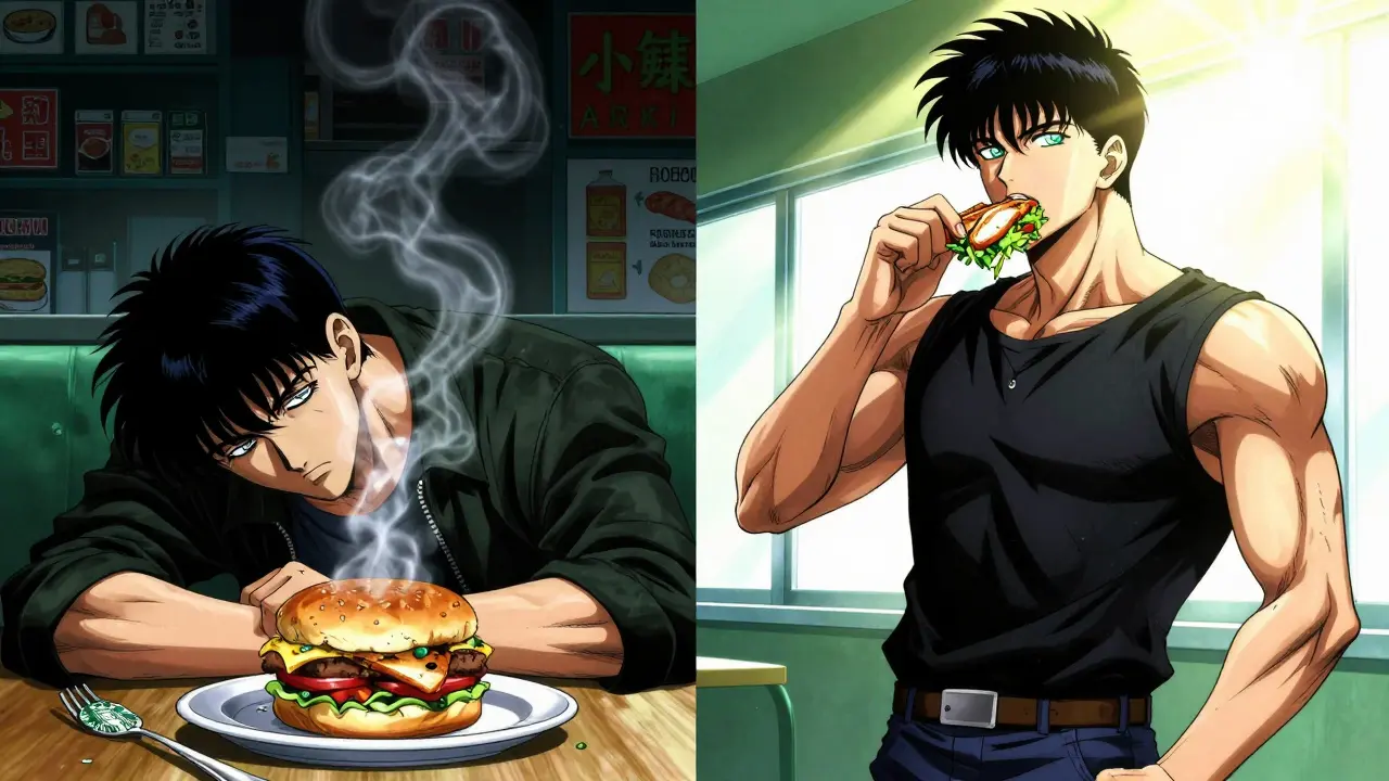 Split scene: tired traveler with unhealthy biscuit vs. empowered traveler eating a healthy salad with radiant light.