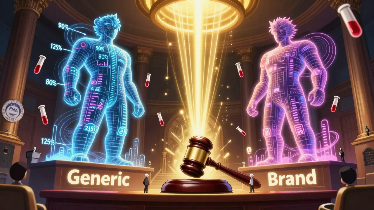 Statistical comparison of generic and brand drugs as giant glowing data beings in courtroom.