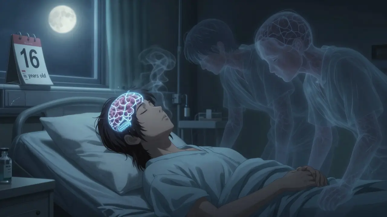 Survivor in hospital bed with neural network glowing around head, spectral figures fading, moonlight streaming in.