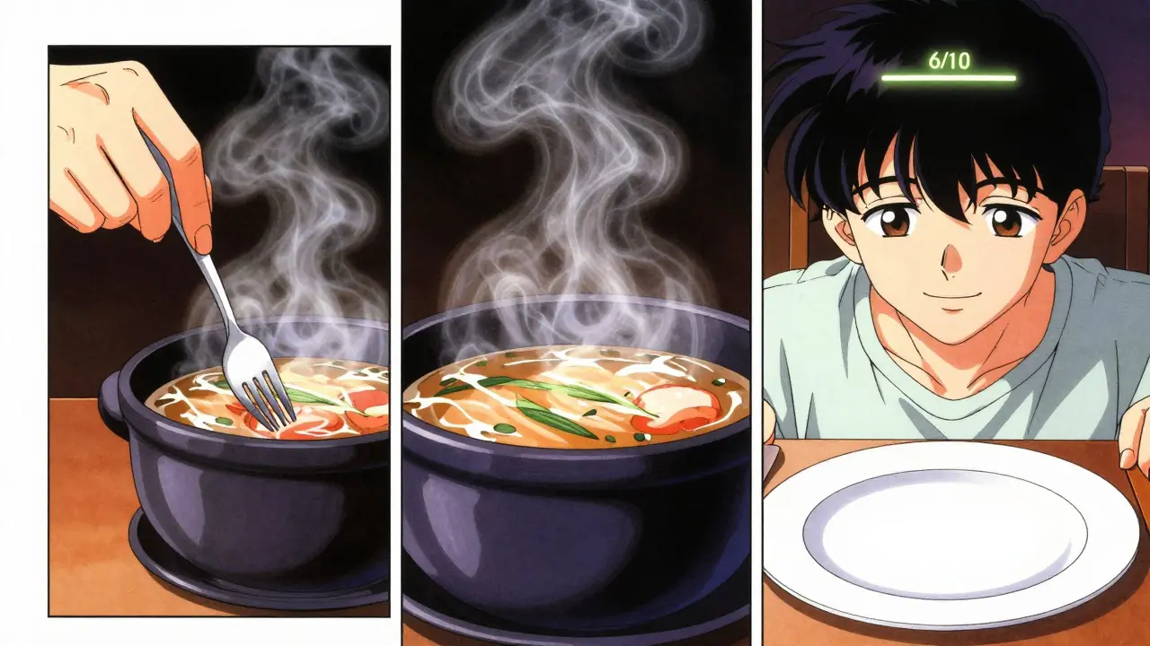 Three quiet moments of mindful eating: fork paused, steam rising, person smiling at empty plate.