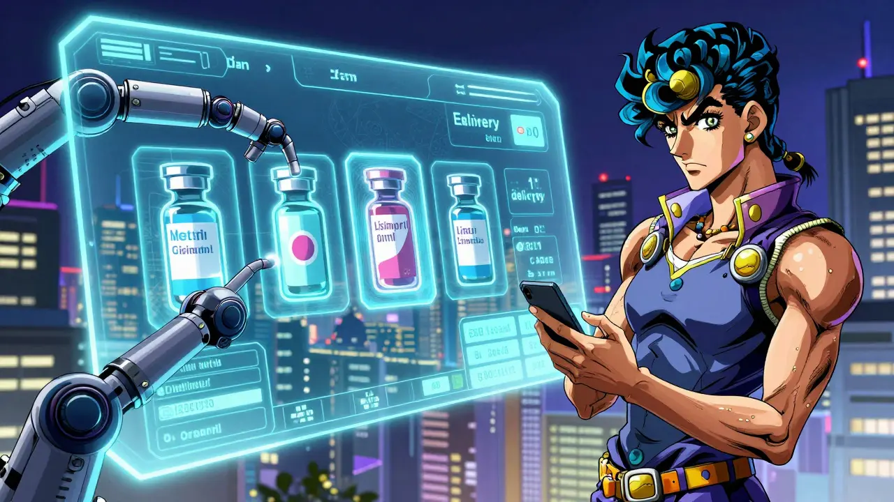 A digital pharmacy interface hovers above a city, showing medication vials being packaged by robotic arms as a woman uses her phone.