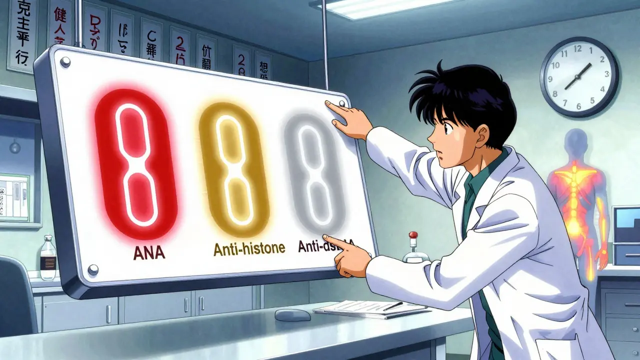 A doctor pointing at floating blood test antibodies with a clock showing symptom recovery over weeks.