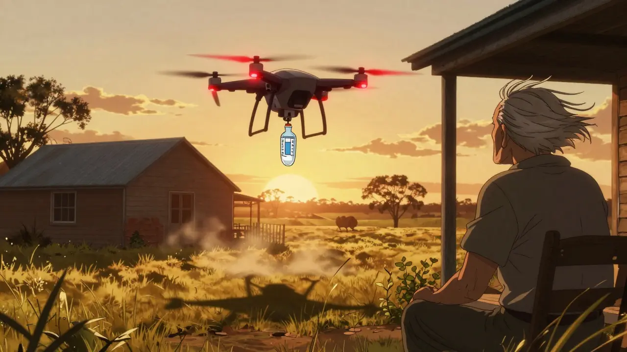 A drone delivers insulin to a rural home at sunset, an elderly man watches from his porch as golden light illuminates the scene.