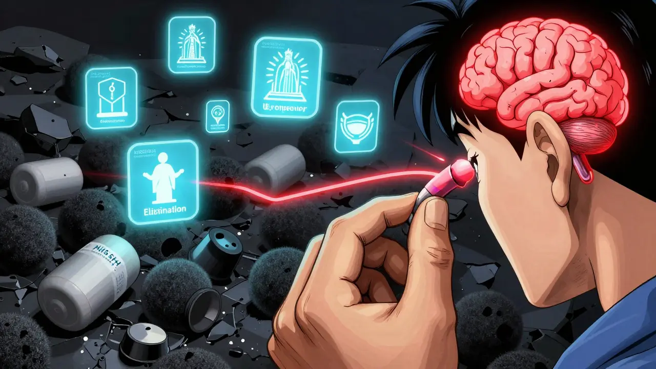 A hand inserting a custom earplug surrounded by floating hierarchy-of-controls icons, rejecting foam plugs.