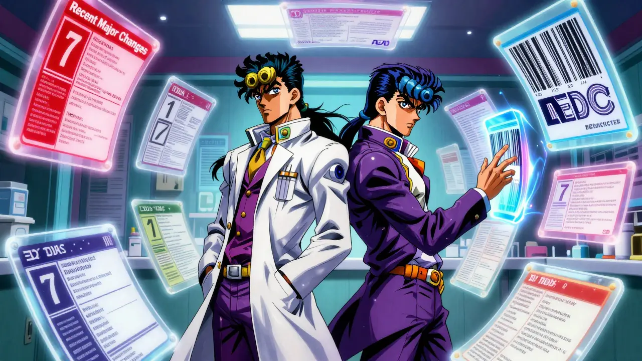 A pharmacist and patient stand surrounded by floating FDA label sections with a pulsing 'Recent Major Changes' indicator.