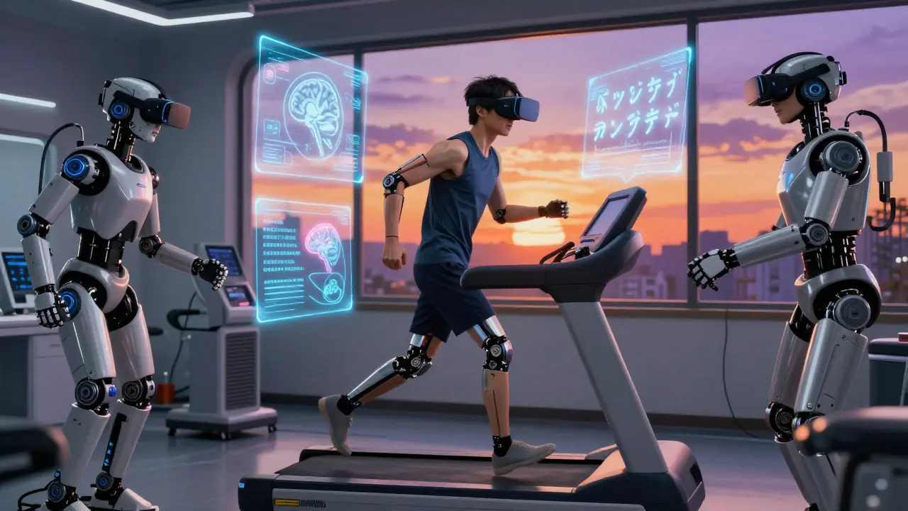 A stroke survivor using robotic exoskeleton and VR tech in a high-tech rehab center, with holographic brain scans and sunset lighting.