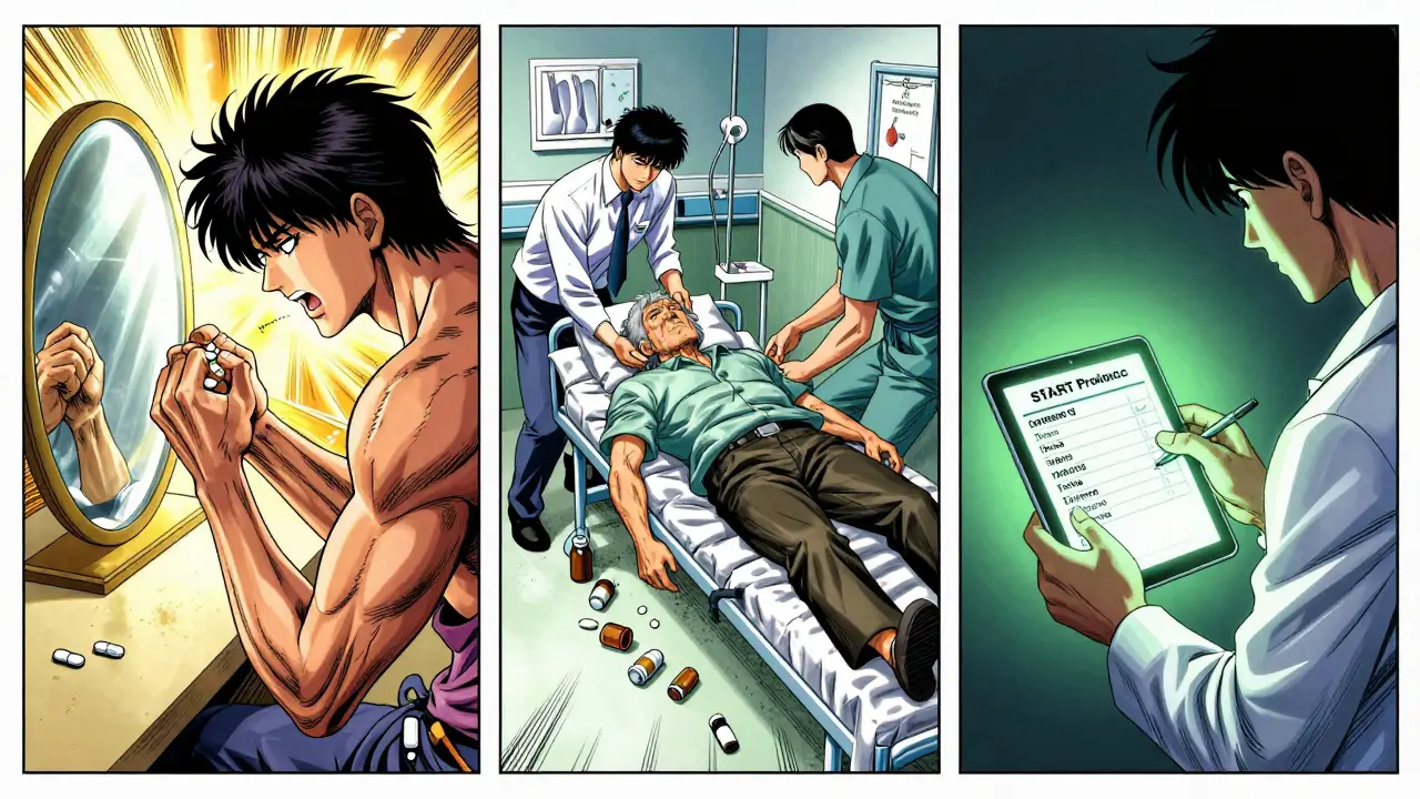A three-panel scene showing pill misuse, emergency care, and safe prescribing with glowing protocol light.