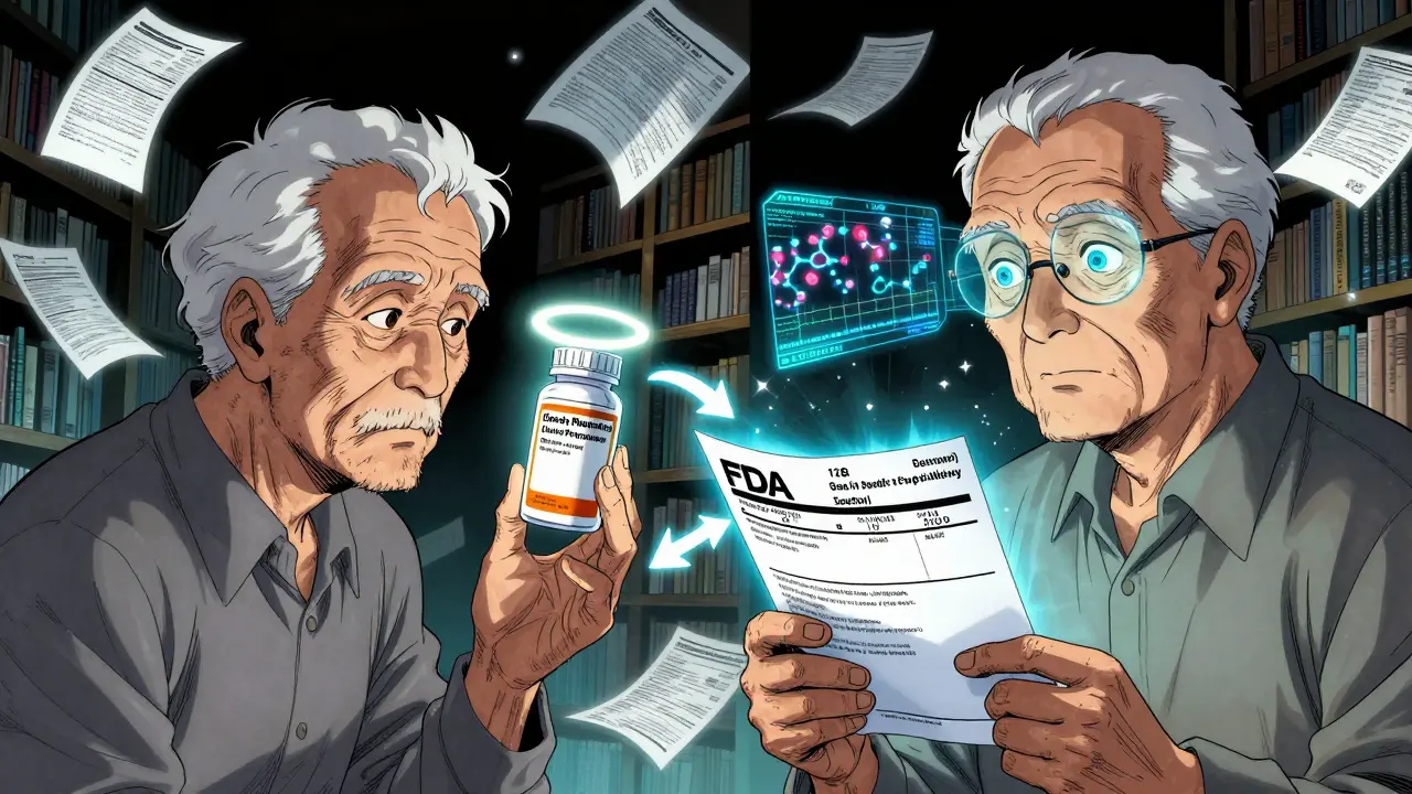 An elderly patient confronts a boxed warning on one side while understanding FDA label details on the other.
