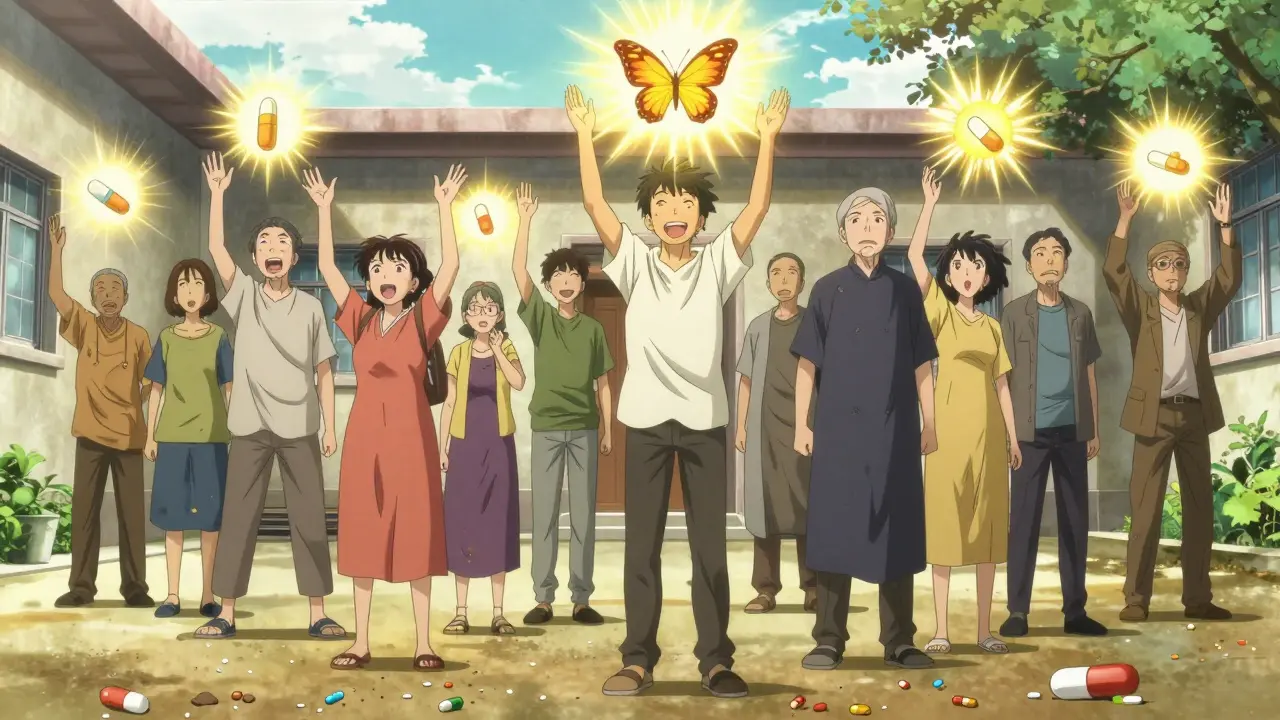 Elderly patients glowing with recovery light as old pills fall away and new medications shine around them.