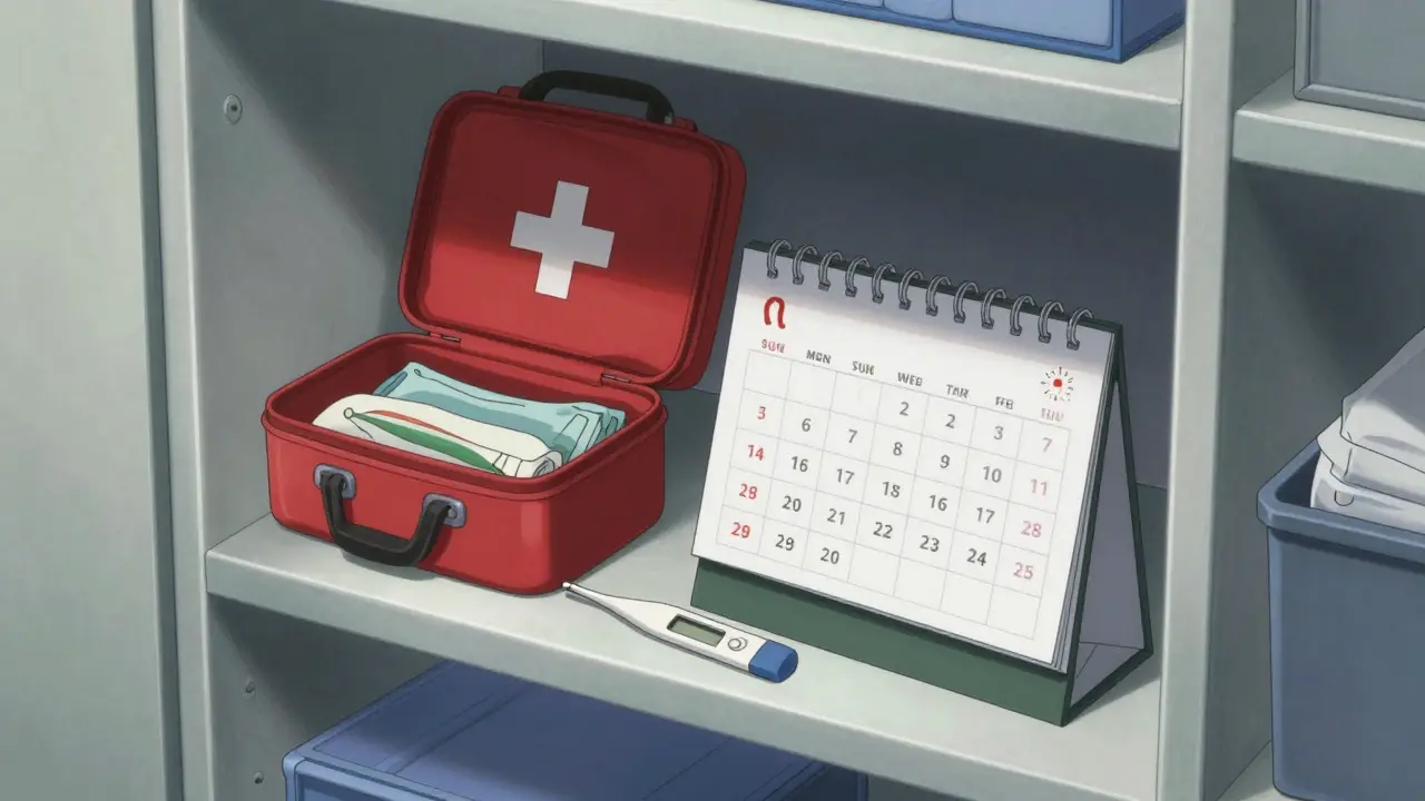 First aid kit stored in cool bedroom closet with calendar for expiration checks.