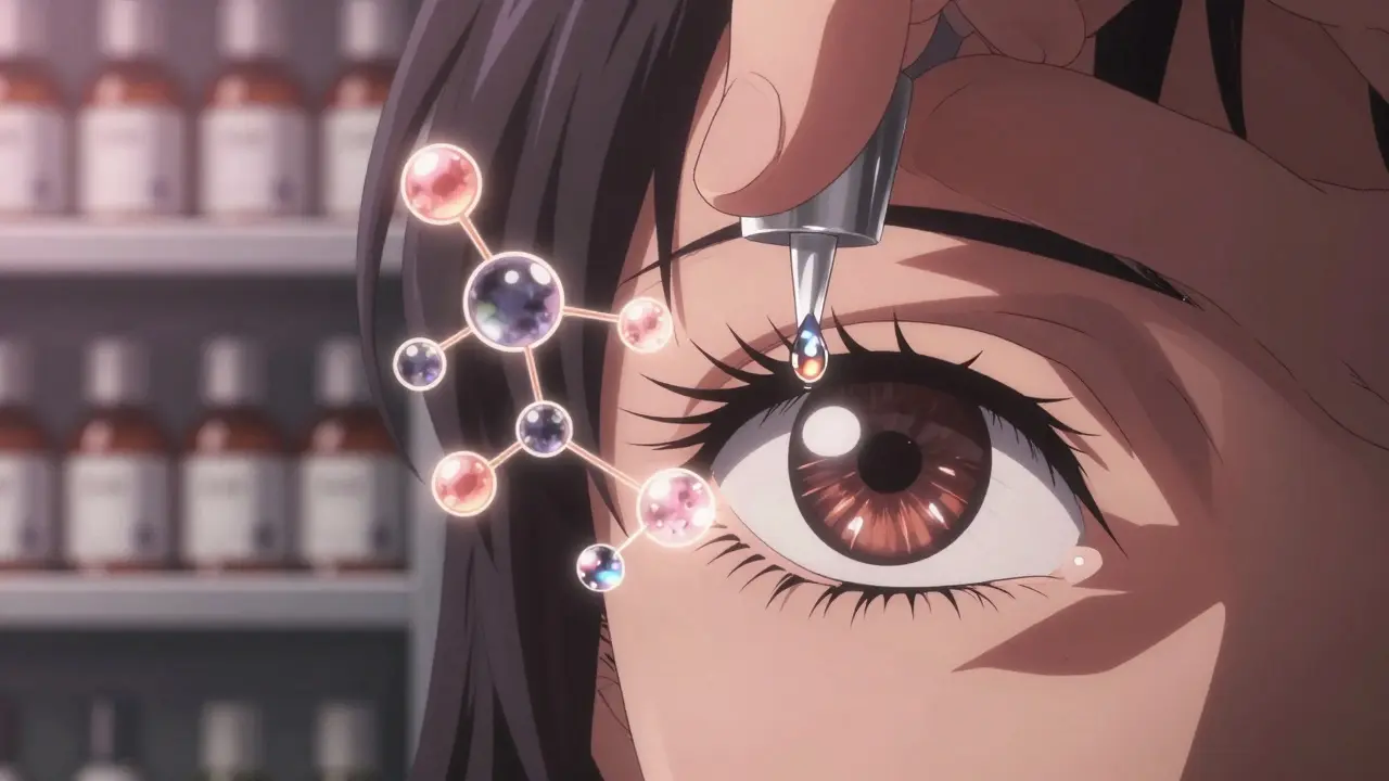 Hand applying an eye drop with glowing molecular structures surrounding the eye in a clinical setting.