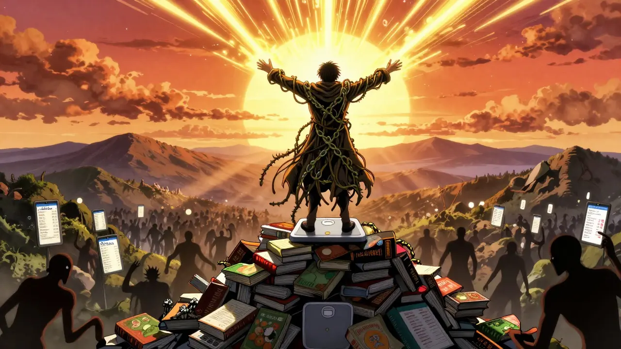 Heroic figure atop a mountain of failed diets, radiating energy as dawn breaks over a valley of struggle.