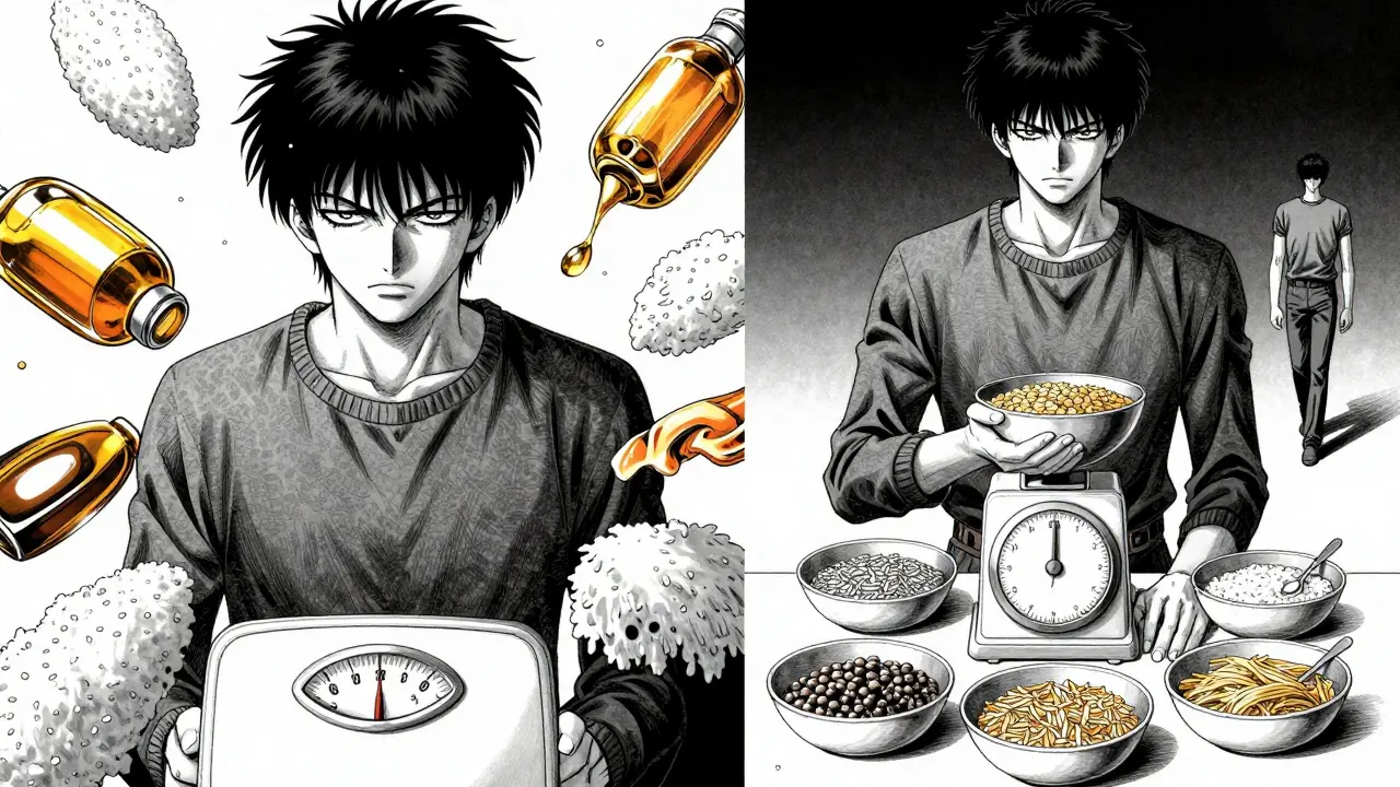 Manga split scene contrasting inaccurate calorie counting with mindful eating and daily movement.