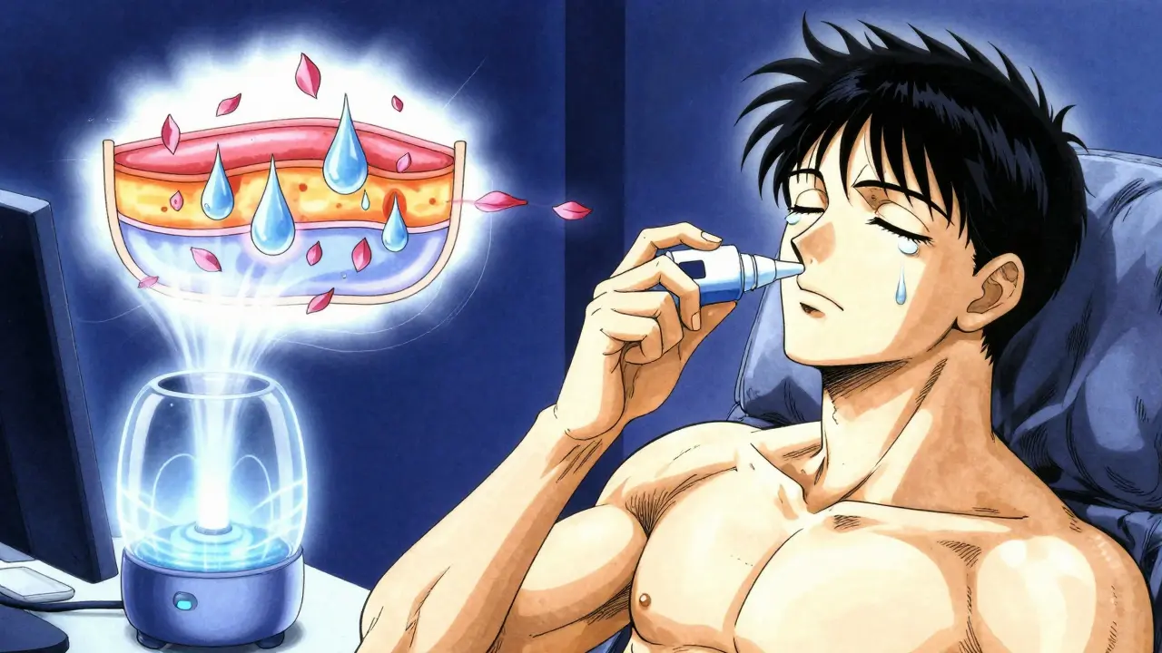 Person using a nasal spray for dry eye relief, with a humidifier emitting soft energy waves around their desk.