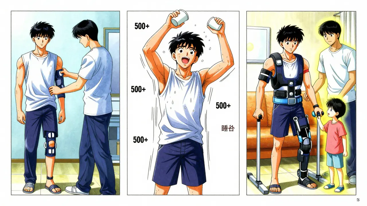 Three panels showing stroke recovery phases: passive therapy, intense repetition, and adaptive daily living with family support.