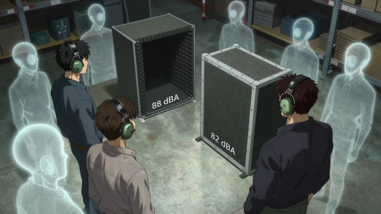 Workers beside quiet acoustic enclosures, with fading figures of damaged past workers in the background.